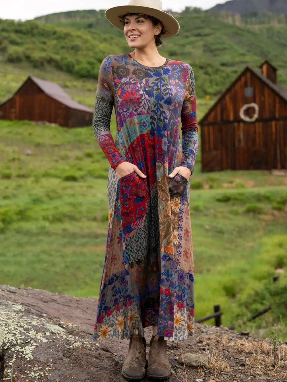 Natural Life ButterSoft Knit Maxi Dress Blue Patchwork Small Long Sleeve Floral